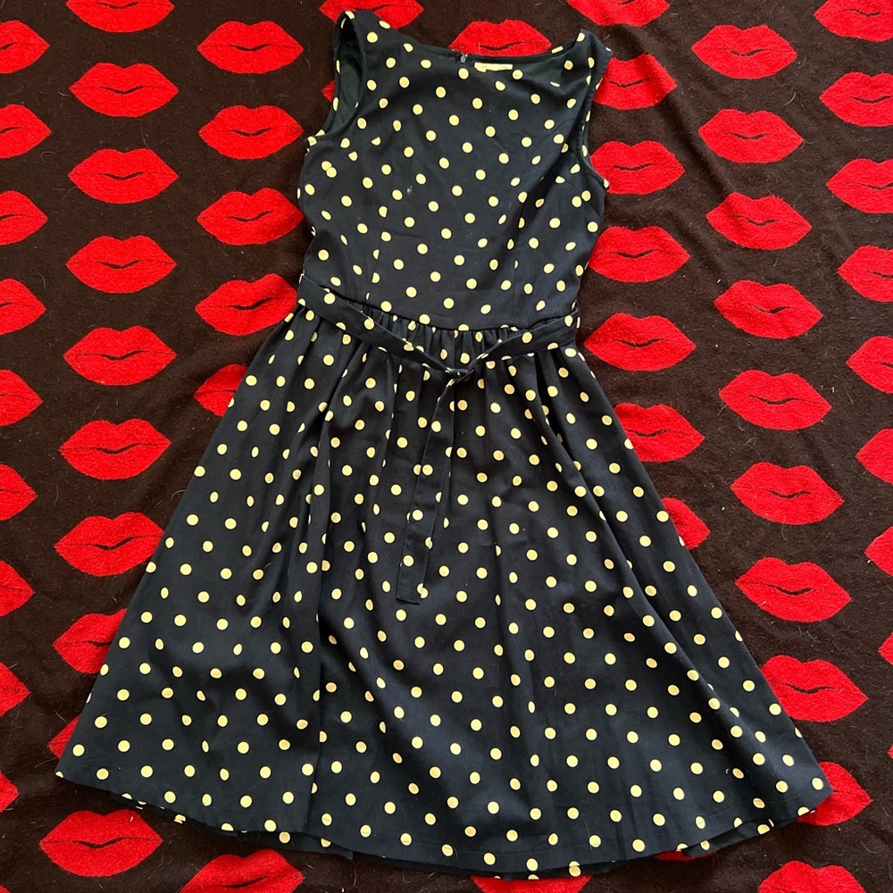 Lindy hop navy blue tan polka dot retro sleeveless dress XS